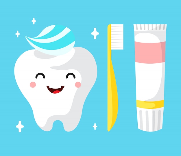 Vettore gratuito carattere sano del dente del fumetto sveglio che sorride felicemente dente con dentifricio in pasta.