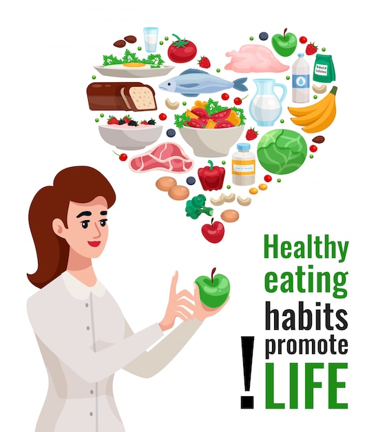 Healthy eating advertising poster with young woman holding green apple and useful food elements