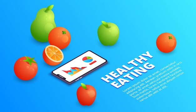 Healthy eating illustration of smartphone application for diet and fitness nutrition. 