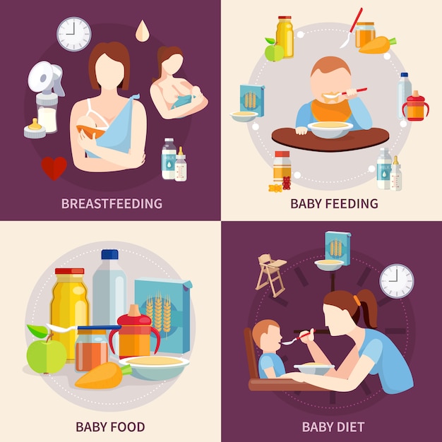 Free vector healthy food choice for babies and toddlers 4 flat icons square composition banner