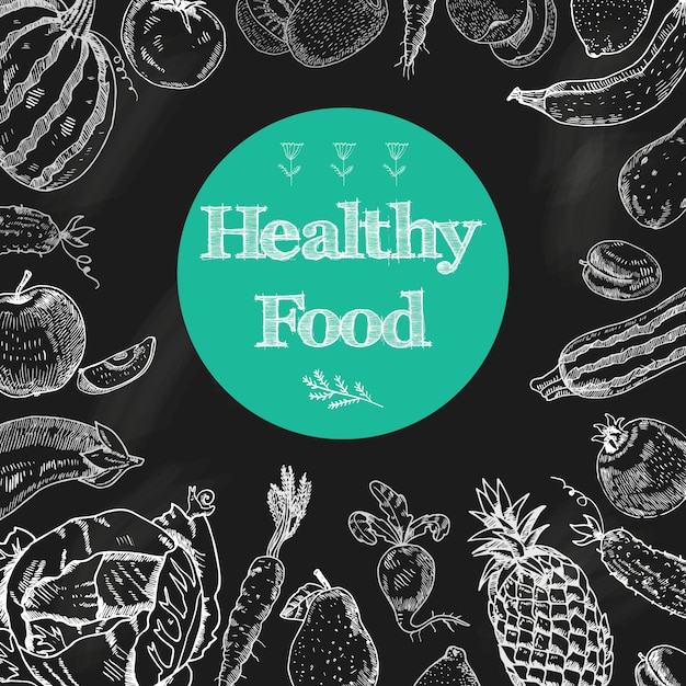 果物と野菜と健康食品の食事黒板の背景