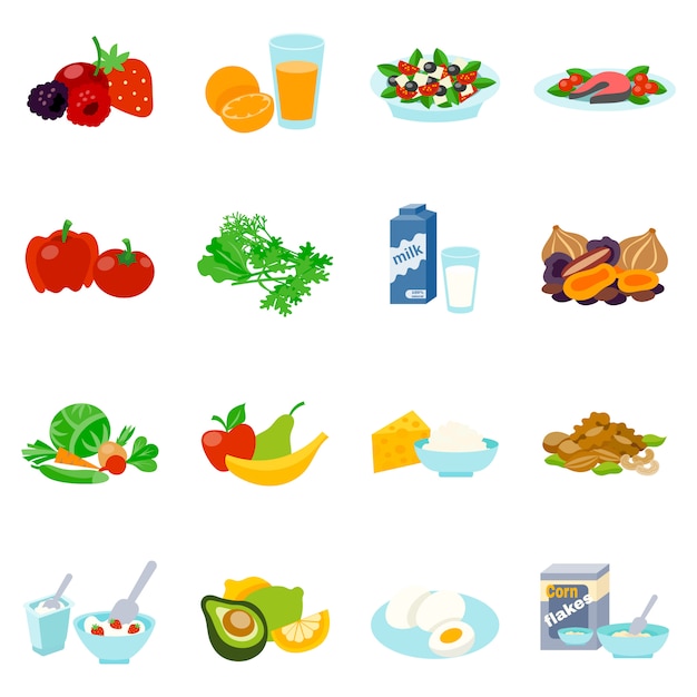 Набор плоских иконок здоровой пищи