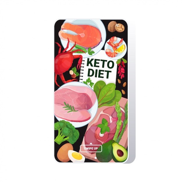 나무 배경 스마트 폰 화면 모바일 앱에 좋은 지방 소스 저탄수화물 제품 구성의 건강 식품 케토 다이어트 개념 선택 프리미엄 벡터