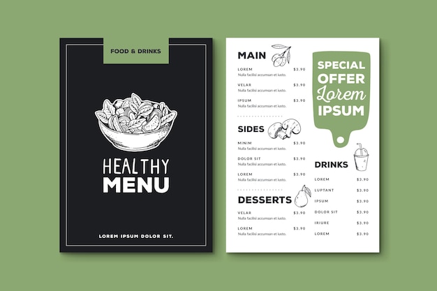 Free vector healthy food menu template hand drawn