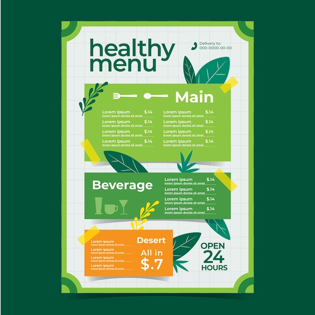 Бесплатное векторное изображение Меню ресторана здоровой пищи с элементами природы