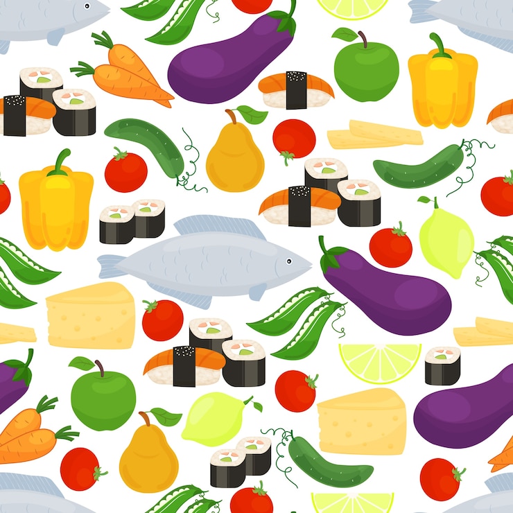 Free Vector healthy food seamless pattern with colorful scattered icons of eggplant  bell peppers  fish  sushi  fruit  lemon  cheese  peas  carrots  tomato and cucumber in square format