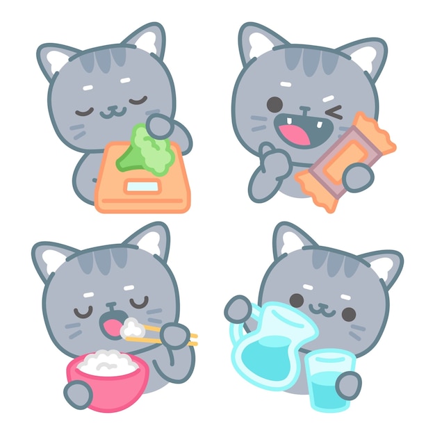 Бесплатное векторное изображение Коллекция наклеек для здорового питания с котом томоми