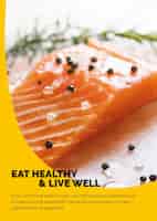 Бесплатное векторное изображение Шаблон здорового питания с рекламным плакатом о свежем лососе в абстрактном мемфисском дизайне