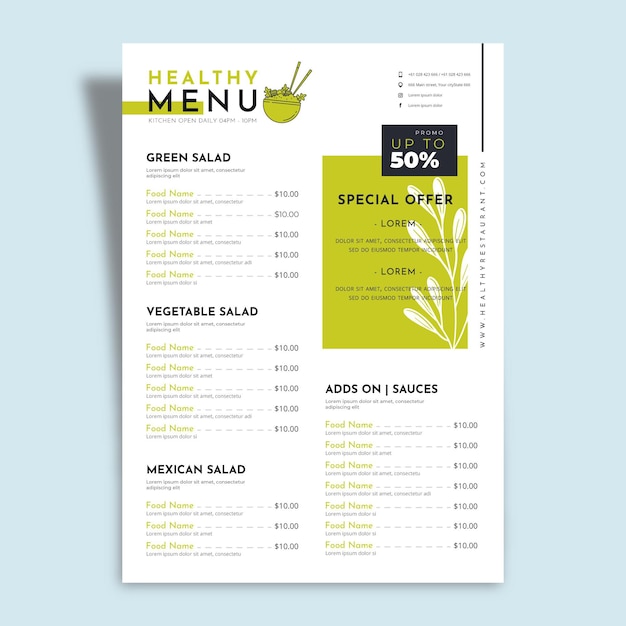 Free vector healthy food with special offers restaurant menu