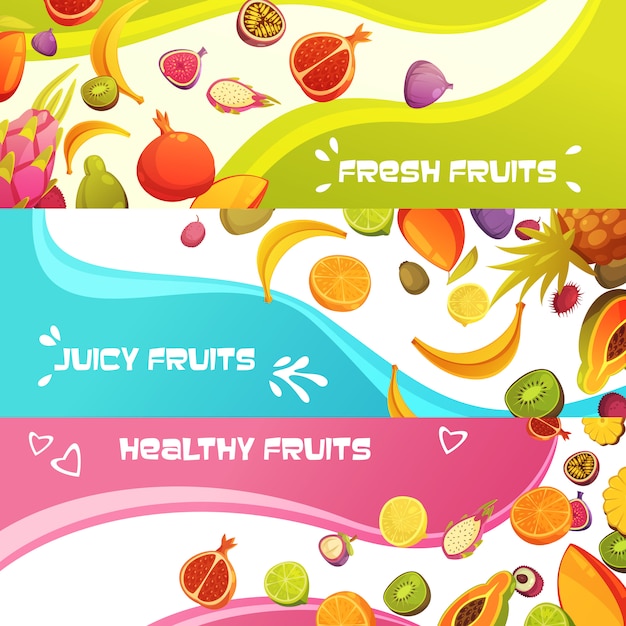 Бесплатное векторное изображение Здоровые свежие фрукты аппетитные горизонтальные баннеры с апельсиновым бананом и ананасом