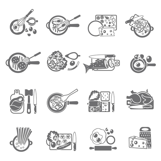 Healthy home cooking concept flat icons set with vegetables meat and fish dishes