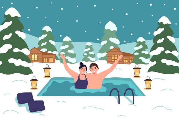 雪の木の家とプールのベクトル図で幸せなカップルと屋外の風景と健康的な生活硬化組成物
