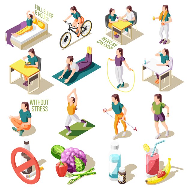 Healthy life style isometric icons good sleep and nutrition regular check up sports activity isolated illustration