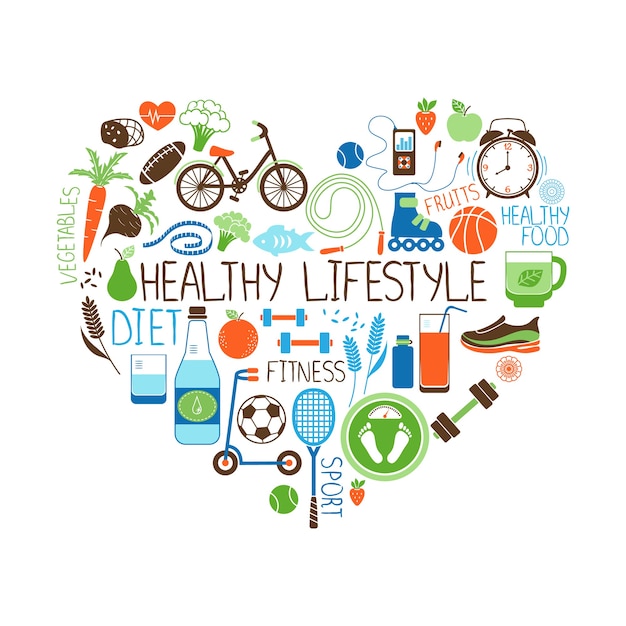 Здоровый образ жизни, диета и фитнес Векторный знак в форме сердца с несколькими значками, изображающими различные спортивные овощи, зерновые, морепродукты, мясо, фрукты, сна, вес и напитки