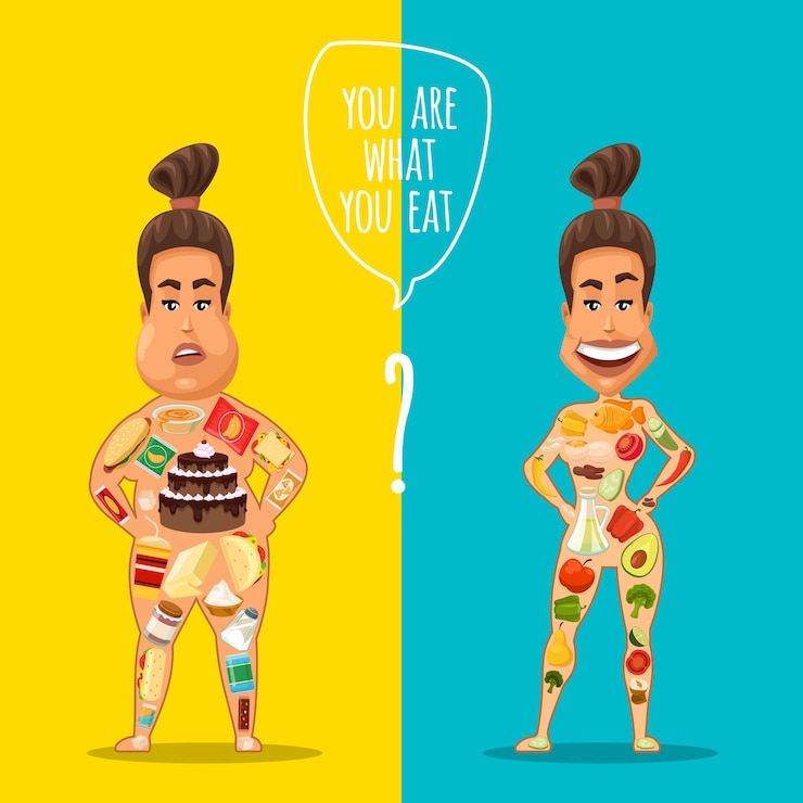 Healthy lifestyle and healthy diet woman and fat woman illustration