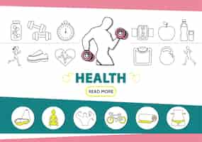 Free vector healthy lifestyle line icons set with strong man vitamins sport equipment scale mobile fruits yoga