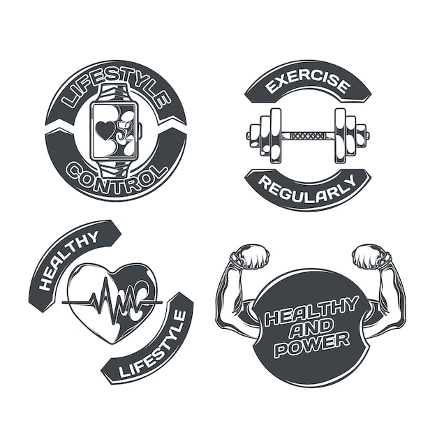 Vettore gratuito stile di vita sano impostato con quattro emblemi isolati con immagini di esercizi fisici cuore e testo modificabile