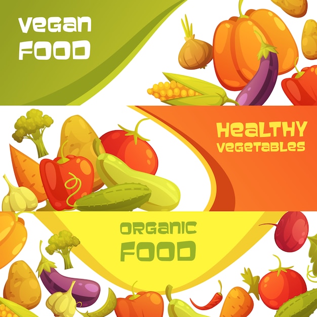 Free vector healthy organic vegan food advertisement horizontal background set with ripe farmers market vegetables isolated cartoon vector illustration