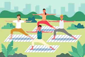 Free vector healthy people doing yoga outdoors