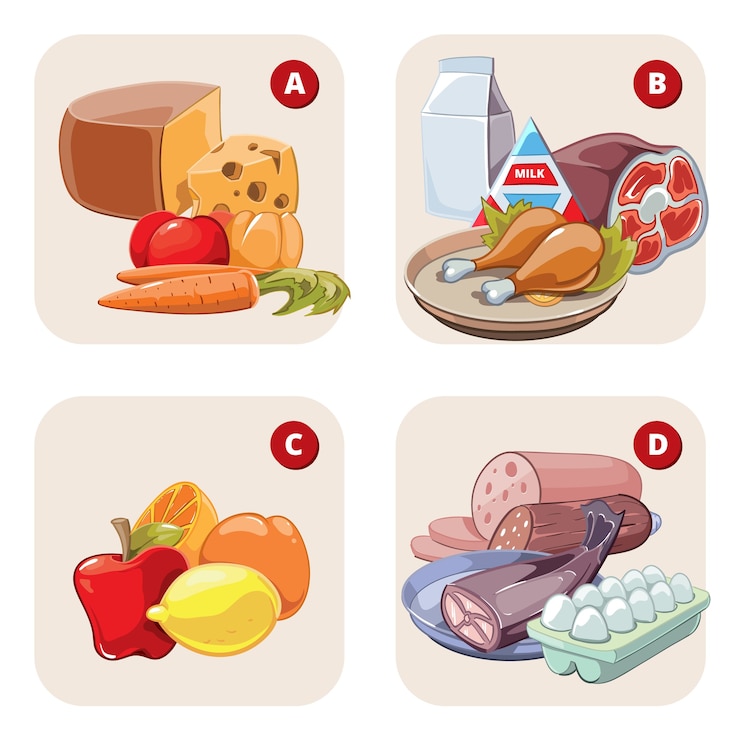मुफ़्त वेक्टर healthy products containing vitamins. food healthy, tomato aand lemon, apple and ham, vitamin d b a c.