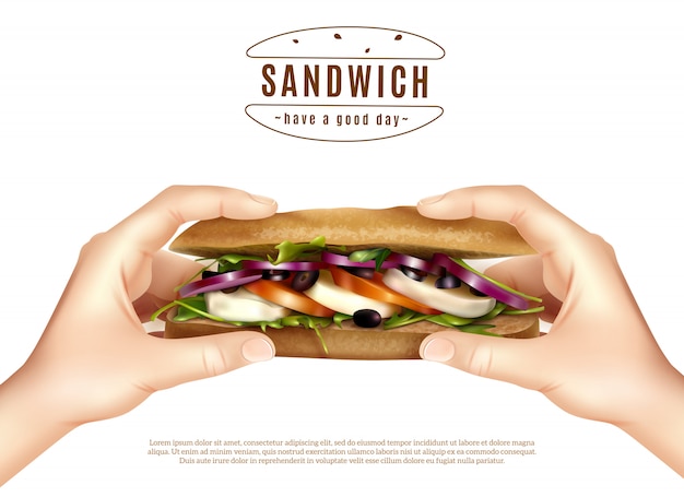 Vettore gratuito panino sano nell'immagine realistica delle mani