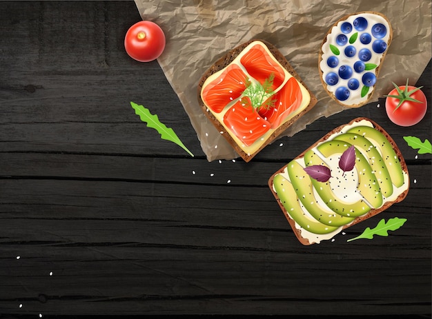 Здоровые бутерброды на темной деревянной поверхности реалистичные иллюстрации