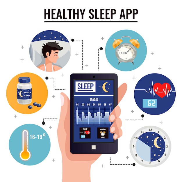 Free vector healthy sleep app composition with graph of sleep stages on screen of smartphone in human hand