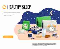 Free vector healthy sleep cartoon template with glass of milk pack of soothing tea and sleeping pills at night sky