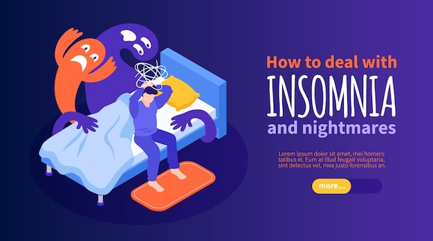 Healthy sleep horizontal banner with nightmares and insomnia symbols isometric vector illustration