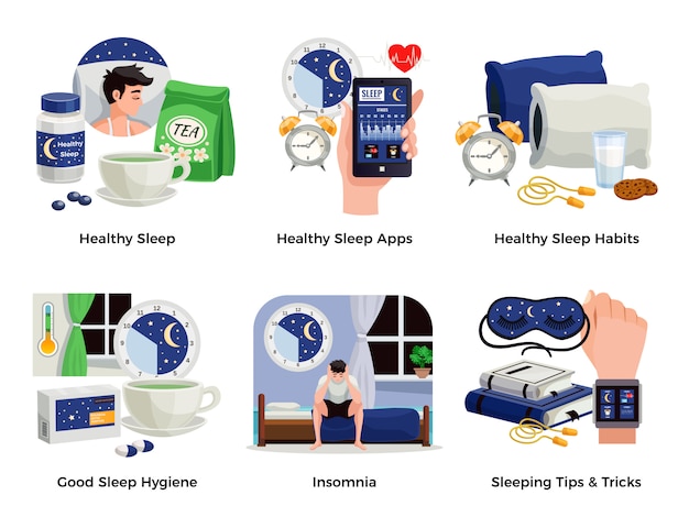 Healthy sleep and insomnia compositions set of habits apps tips tricks good hygiene isolated illustration