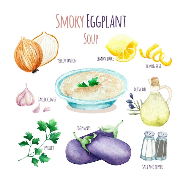 Free vector healthy smoky eggplant soup recipe illustration