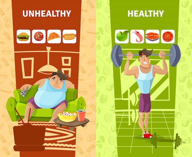 Healthy and unhealthy man banners set