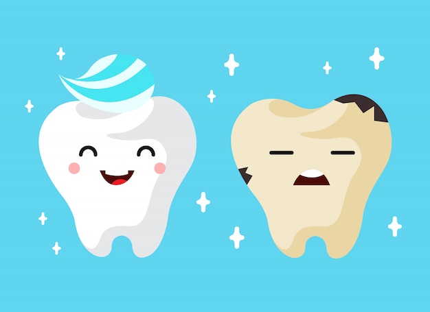 Free vector healthy and unhealthy sad tooth cartoon characters.