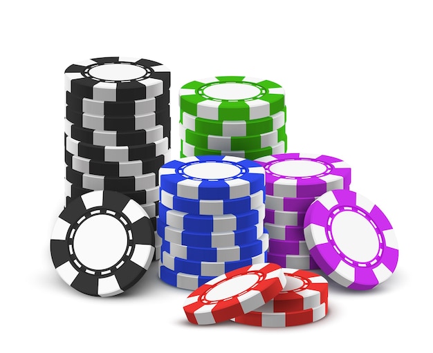 Heap of red and blue black and violet green realistic betting chips
