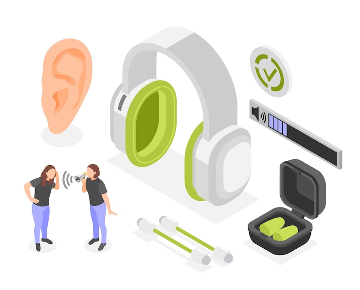 Free Vector hearing hygiene isometric composition with cotton buds earplugs earphones and girl with megaphone screaming to her girlfriend vector illustration