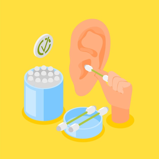 Free vector hearing hygiene isometric composition with human ear and cotton buds on yellow background vector illustration