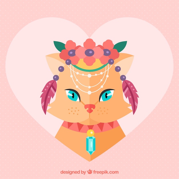 Heart background of cat with boho elements