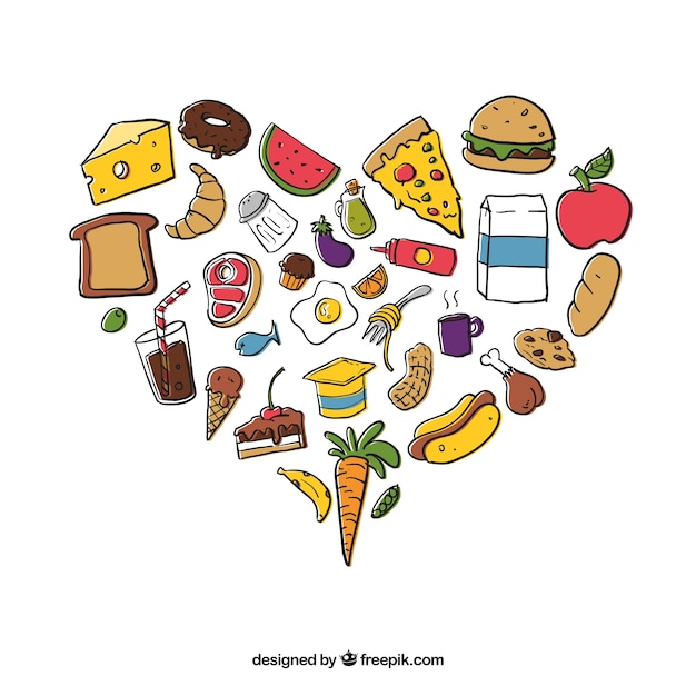 Heart background with hand drawn food