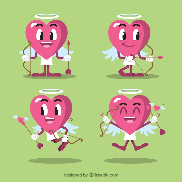 免費 Vector 心臟角色與 cupid 的箭頭