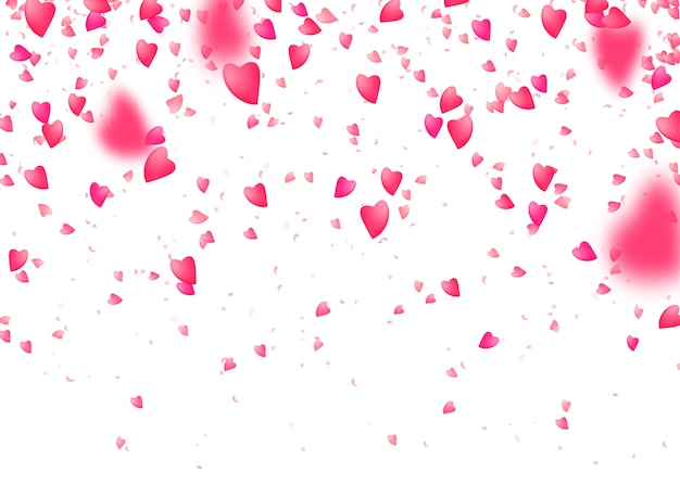Фон конфетти сердца. Падающие сверху розовые частицы любви. Размытый лепесток.