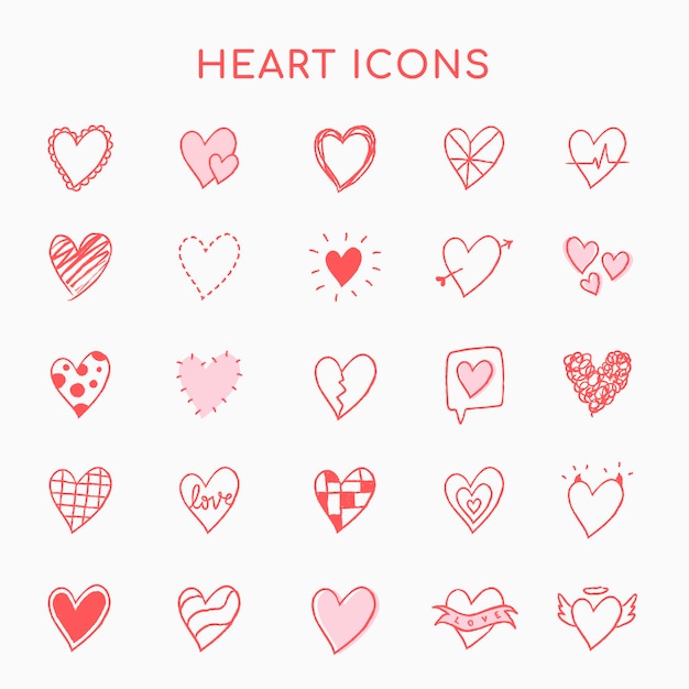 Free vector heart icons, pink set vector in hand-drawn doodle style