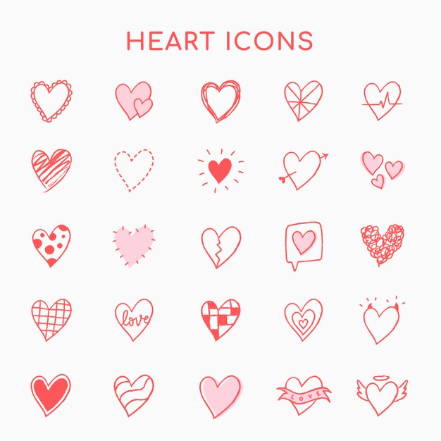 Иконки сердца, розовый набор векторных в стиле рисованной каракули