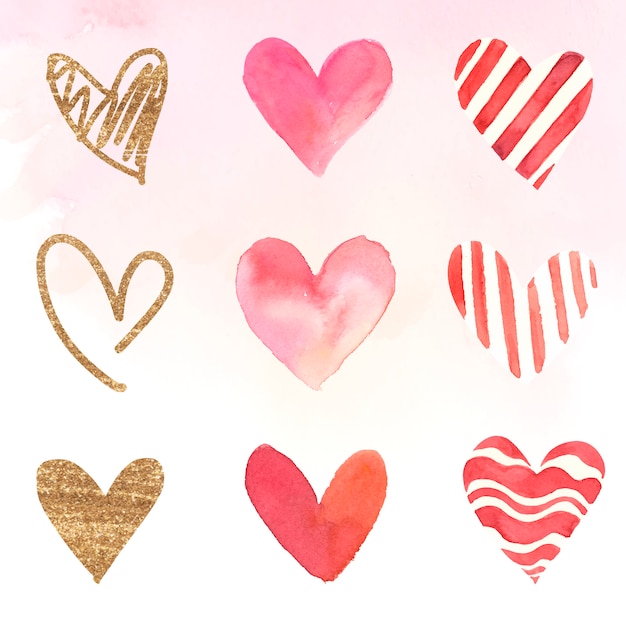 Heart icons watercolor illustration set