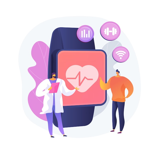 Heart rate on smartwatch. Portable pulse tracker. Wrist clock, watch with touchscreen, healthcare app. Fitness assistant. Gadget for workout. Vector isolated concept metaphor illustration.