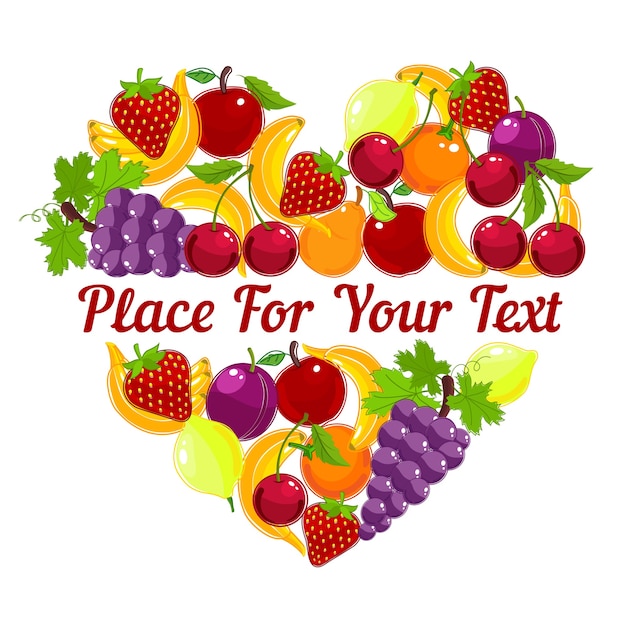 무료 벡터 다채로운 신선한 모듬 열대 과일에서 심장 모양 인사말 카드 디자인