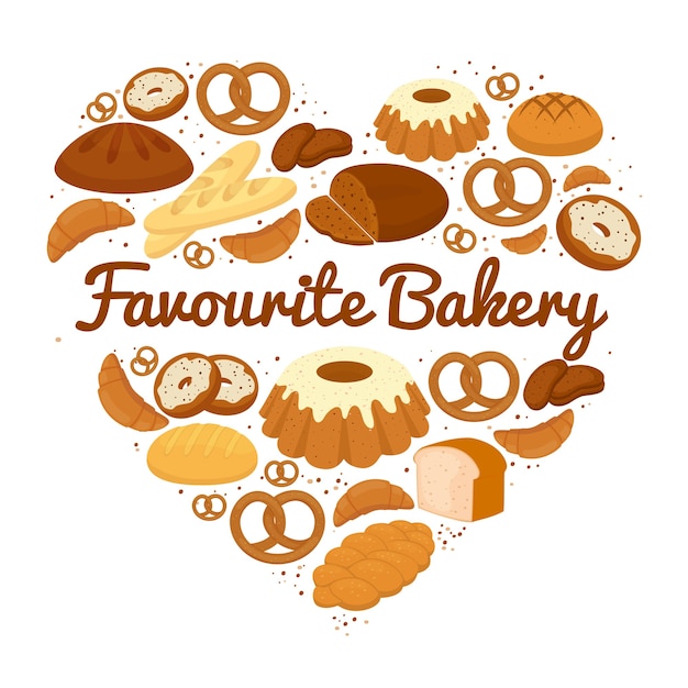 Heart shaped cakes  sweets and bread badge with central text - Favourite Bakery - with pretzels  muffins  loaves of bread  croissants  cakes and donuts  vector illustration on white