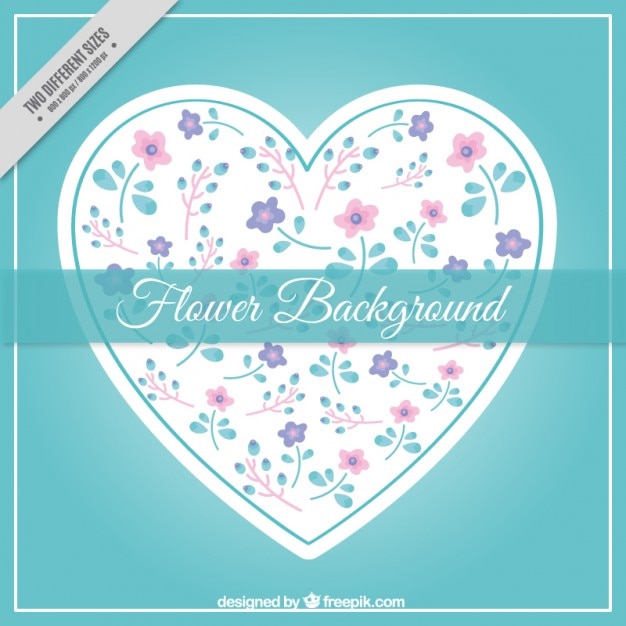 Heart with hand drawn flowers background