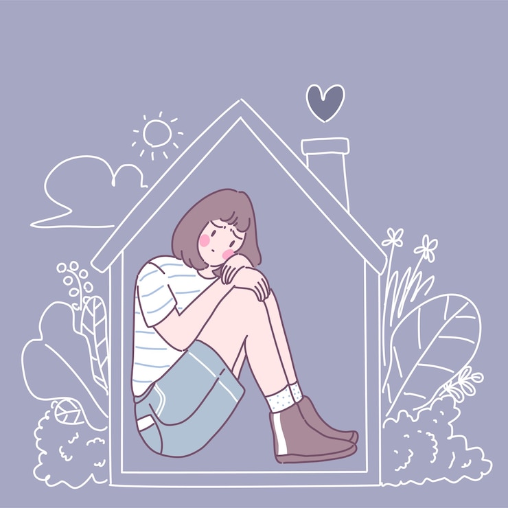 무료 Vector 집에 앉아 그를 껴안은 상심 한 여자.