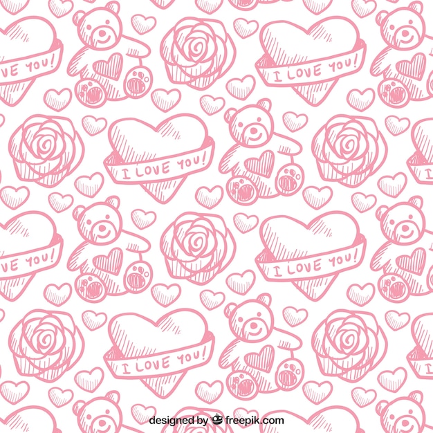 Hearts pattern with roses and teddy bear