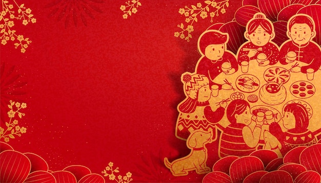 Heartwarming reunion dinner during lunar new year in paper art, red and golden color tone